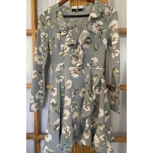 Missguided Faux Wrap Floral Dress Women's Sz 2 Gray Ruffles Long Sleeve Cottage